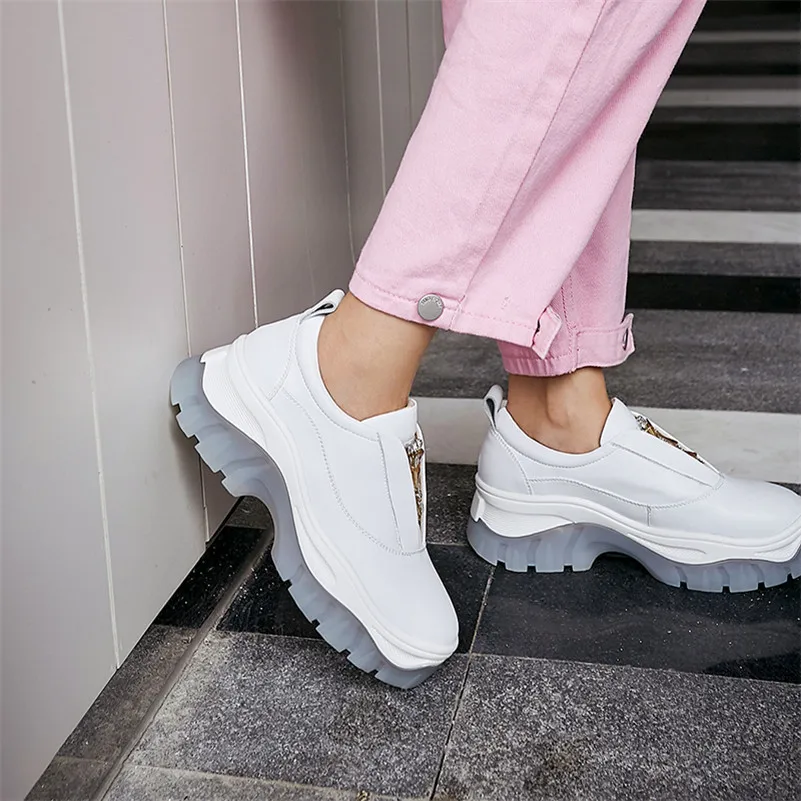 

Meotina Genuine Leather Flats Sneakers Women Shoes Cow Leather Flat Platform Shoes Crystal Round Toe Shoes Female Autumn Size 39