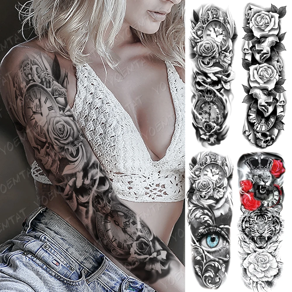 Large Arm Sleeve Tattoo Clocks Rose Eye Lion Waterproof Temporary Tattoo Sticker Flower Time Body Art Full Fake Tatoo Women Men