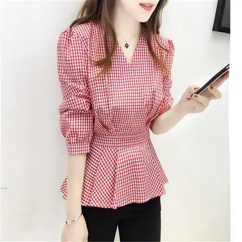 Блузка женская клетчатая рубашка женский пуловер с v-образным вырезом топ Blusas Ropa