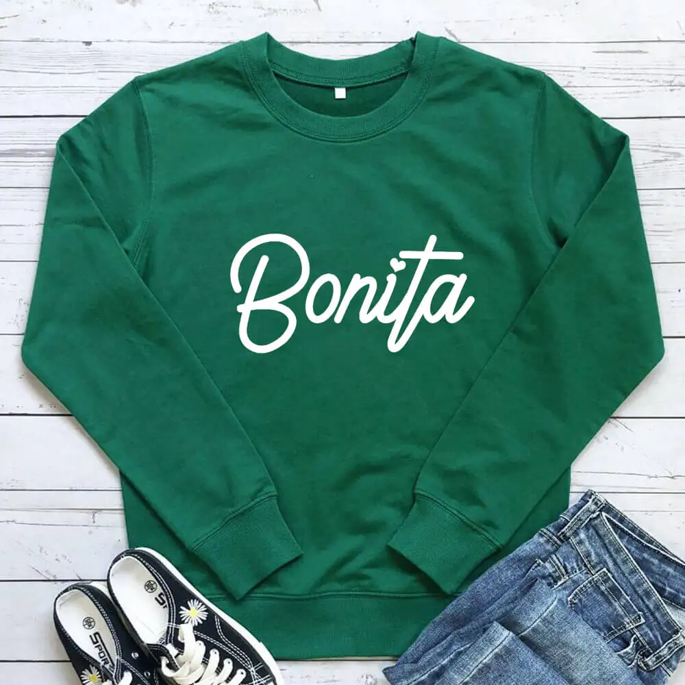 Bonita Spanish Printed 100%Cotton Women's Sweatshirts Latina Gifts Morena Casual O-Neck Long Sleeve Tops Chula Sweatshirt images - 6