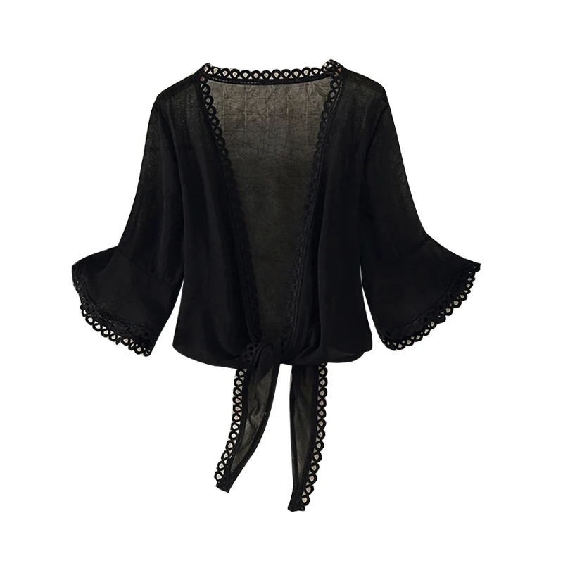 

White Outerwear Vintage New Women Flare Sleeve Jacket Summer Chiffon Cardigan Thin Coats Ladies Elegant Cropped Jacket