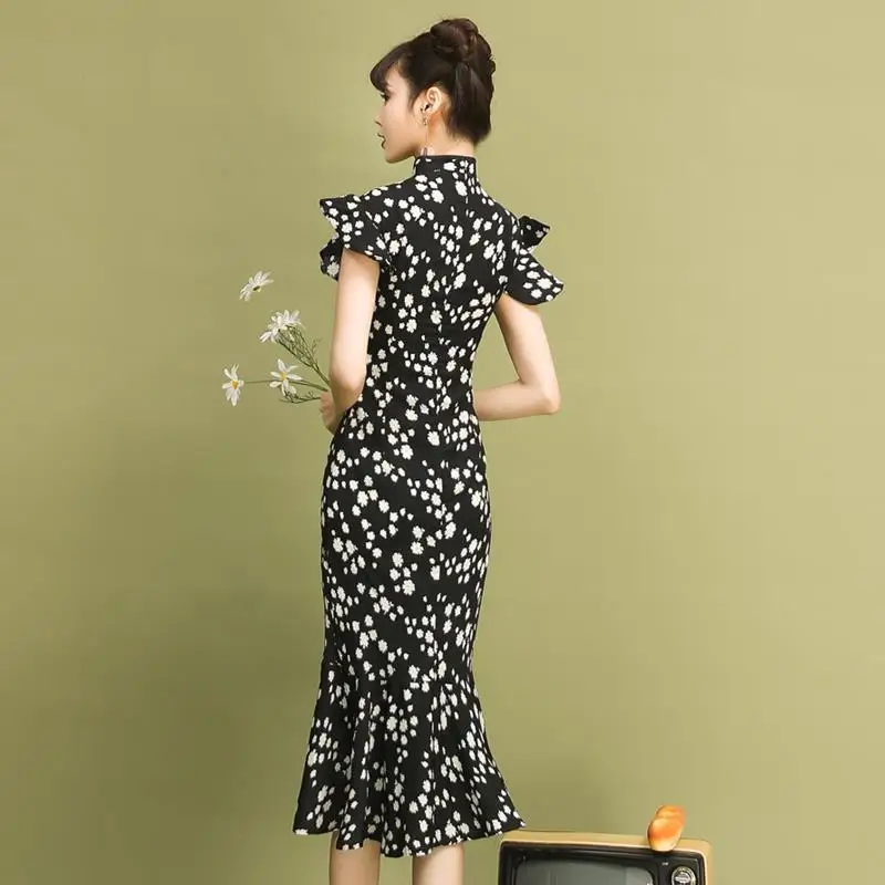 

Little Daisy Cheongsam Improved Young Chinese Style Sexy Fish Tail Long Little Floral Dress Girl Summer