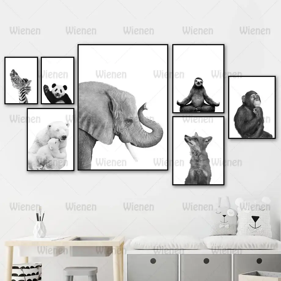 

Wall Art Canvas Painting Black White Polar Bear Monkey Sloth Fox Animals Nordic Posters and Prints Wall Pictures Kids Room Decor