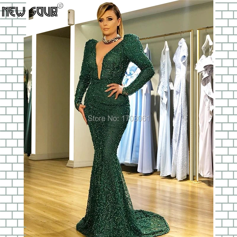 Женское длинное платье с бисером турецкое для выпускного вечера V-образным