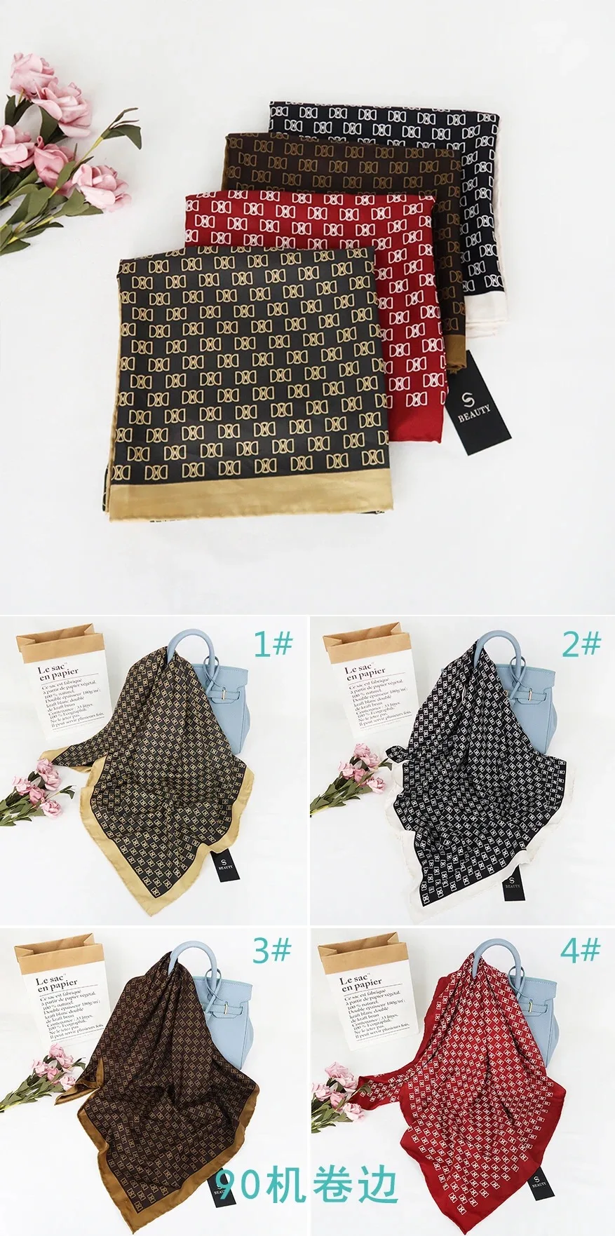 

2021 Summer Luxury Brand Fashion Kerchief Silk Satin Neck Scarf For Women Print Hijab Scarfs Female 90*90cm Square Shawls and Wr