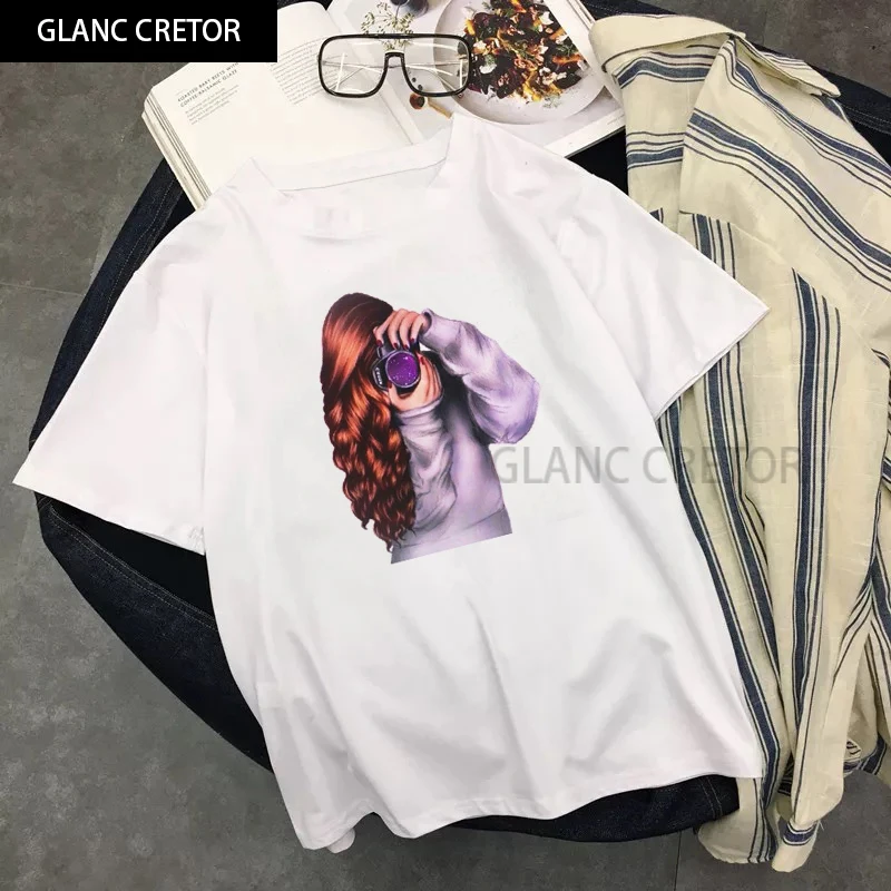 

Camera Girl Graphic Tee Shirt Femme Streetwear Harajuku T Shirt Women Summer Take Photo Ulzzang Tops