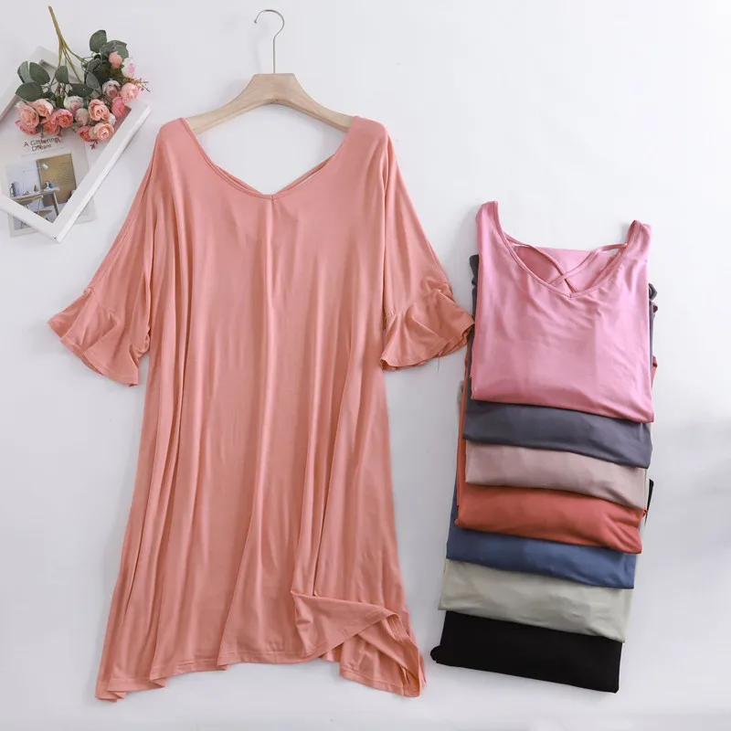 

New Nightgowns Women Loose Modal Summer Dress Beautiful Back Flared Sleeves Sexy Nightshirt Large Size Ladie's Nightdress