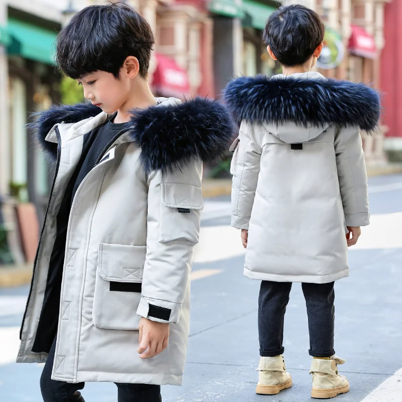 Модные пуховики для мальчиков теплые Детские Пуховые парки Пальто с натуральным