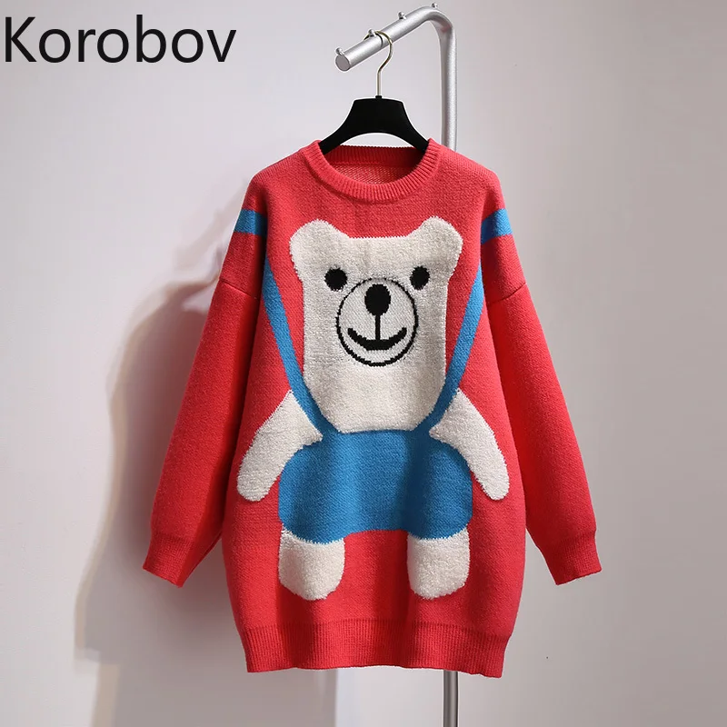 

Korobov Harajuku Streetwear O Neck Long Sleeve Sweaters Japanese Cartoon Knitted Oversize Sueter Mujer Vintage Ulzzang Kawaii