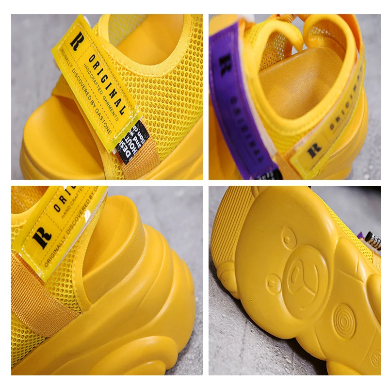 

Patchwork Mesh Hollow Shallow Mesh Breathable Platform Athletic Sandals Hook & Loop Wedge Beach Woman Heightening Shoes 9CM