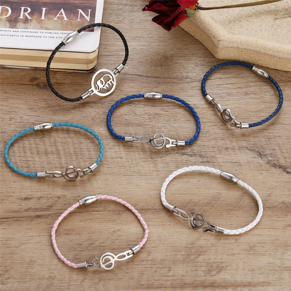 

2021 Fashion Jewelry Stainless Steel Musical Note Elephant Leather Bracelet Charm Simple Woven Fine Leather Bracelet for Girls