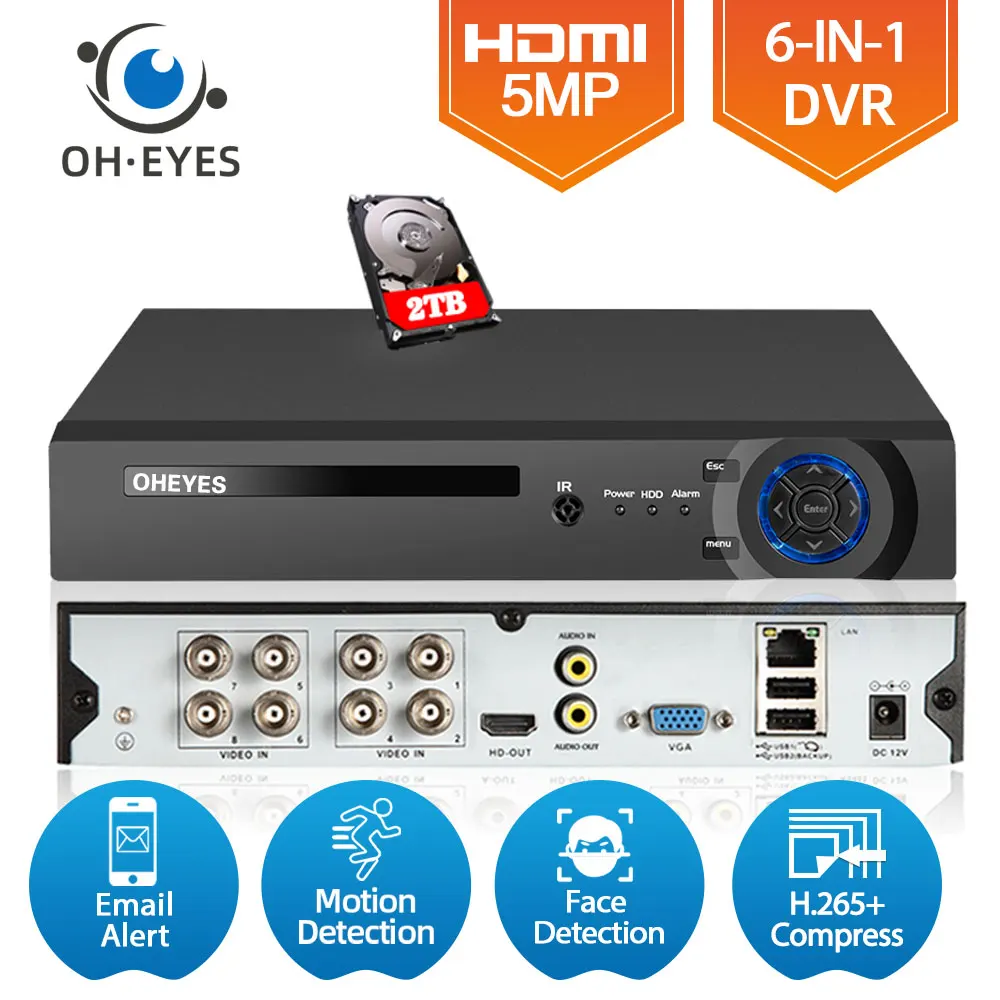 H.265 8CH 5MP 6 в 1 гибридный видеорегистратор NVR рекордер распознавание лица XMEYE