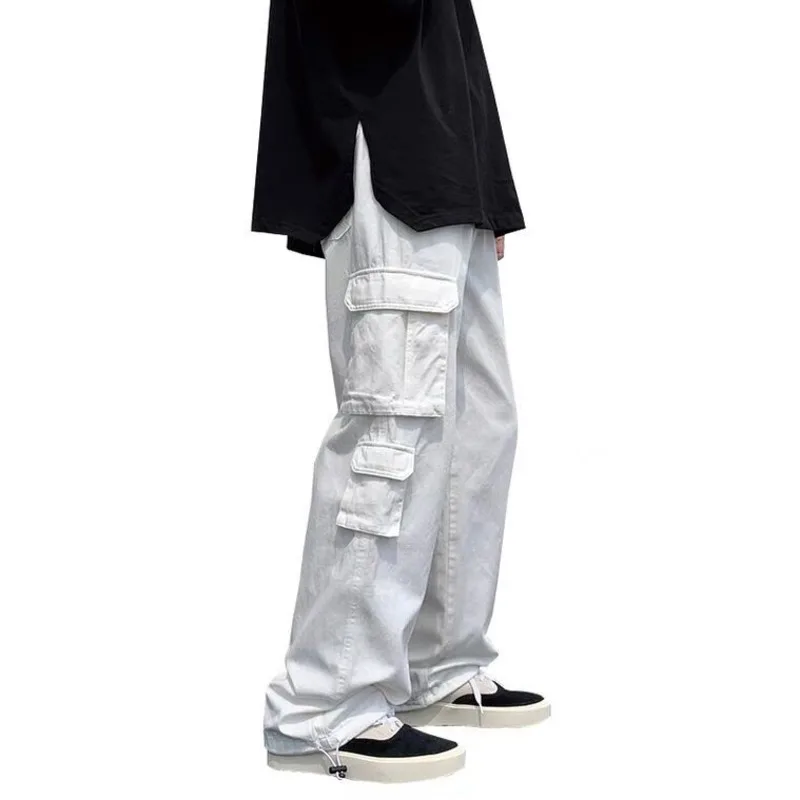 Black/white Casual Pants Men's Fashion Loose Straight Wide Leg Pants Men Streetwear Hip-hop Pocket Cargo Pants Mens Trousers images - 6
