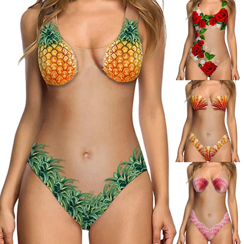 

Women UnPadded Bra Bikini 2021 Sexy One-piece Swimsuit Monokini Newest Bikinis Shell Fruit Skin Printed Swimwear Bathing Suit