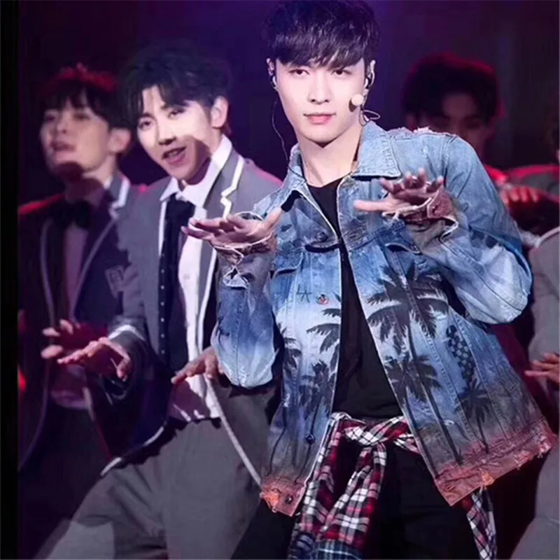 

Plant print oversized women's denim jacket hole Outerwear loose jean jacket Spring autumn streetwear denim coat women 2020 new