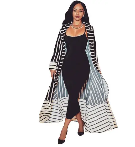 2020 женский длинный кардиган модный отложной воротник открытый перед полосатый