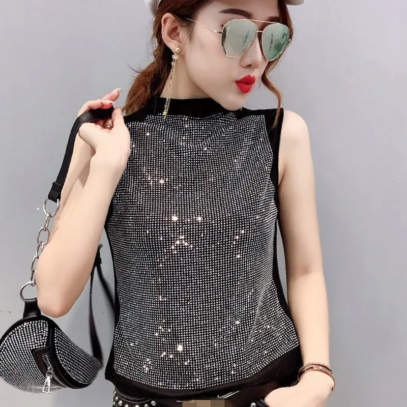 New European Summer Womens Sleeveless Shiny Diamonds Tees Half Turtleneck Slim Fit Night Club Wear Female T-Shirts Plus Size 3XL | Женская