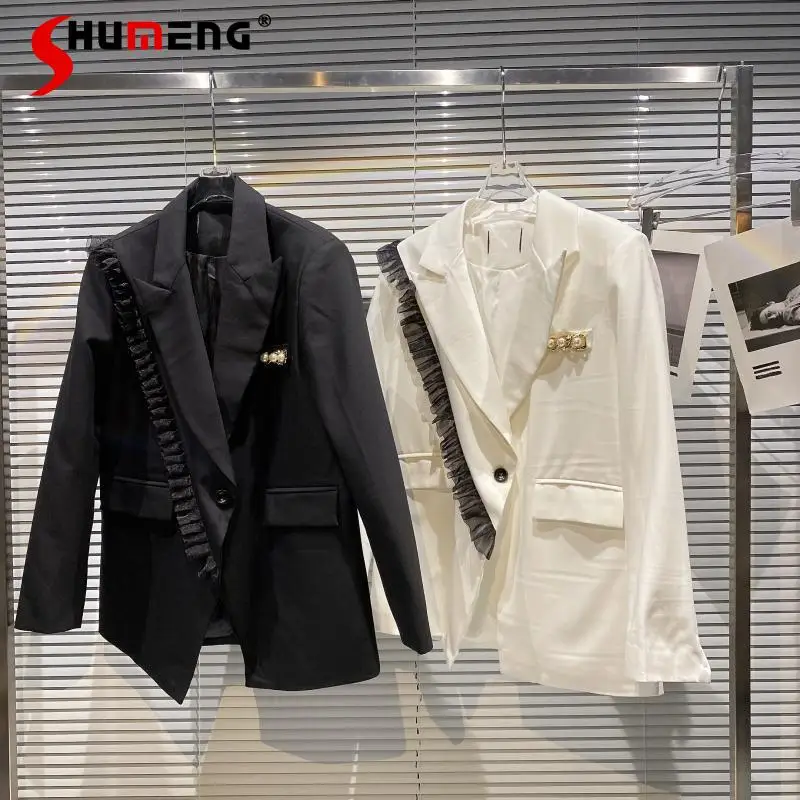 

2021 Autumn New Elegant Solid Pleated Pocket Pearl Chain Business Suit Women's Fashion Beading High Street Office Lady Blazers