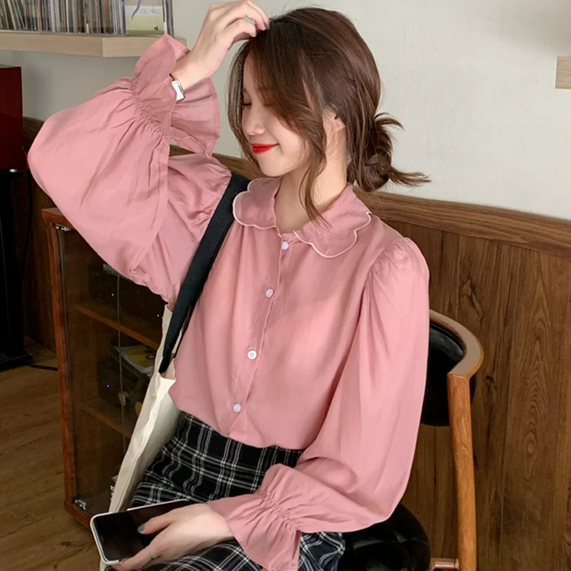 

Блузка женская розовая с длинным рукавом, элегантный модный топ в Корейском стиле, Офисная рубашка с расклешенными рукавами, 2021