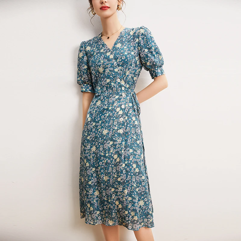 

100% Natural Silk Women's Dresses Sexy V Neck Short Sleeves Printed Asymmetrical Buttons Lace Up Fashion Dress Vestidos