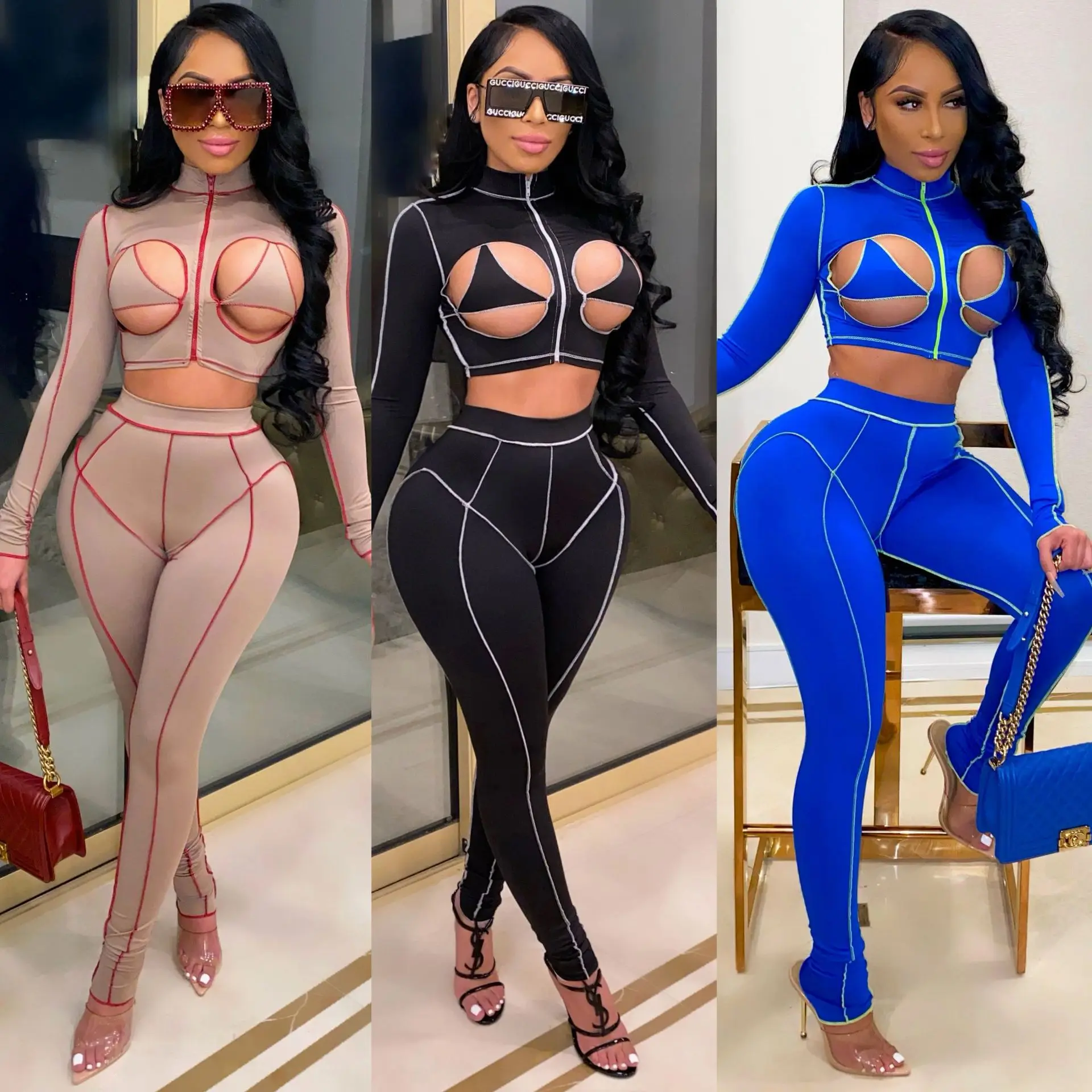 

Women Sexy Striped Hollow Out Two Piece Set Long Sleeve Bra Crop Top Slim Pants Tracksuit Club Wear Outdoor Streerwear Suit