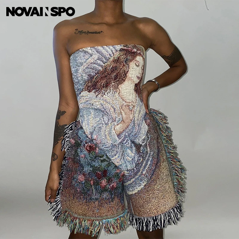 

NOVAINSPO Tassels Printing Backless Fashion Strapless Rompers For Women Sleeveless Baddies Streetwear Outfits One Piece Summer