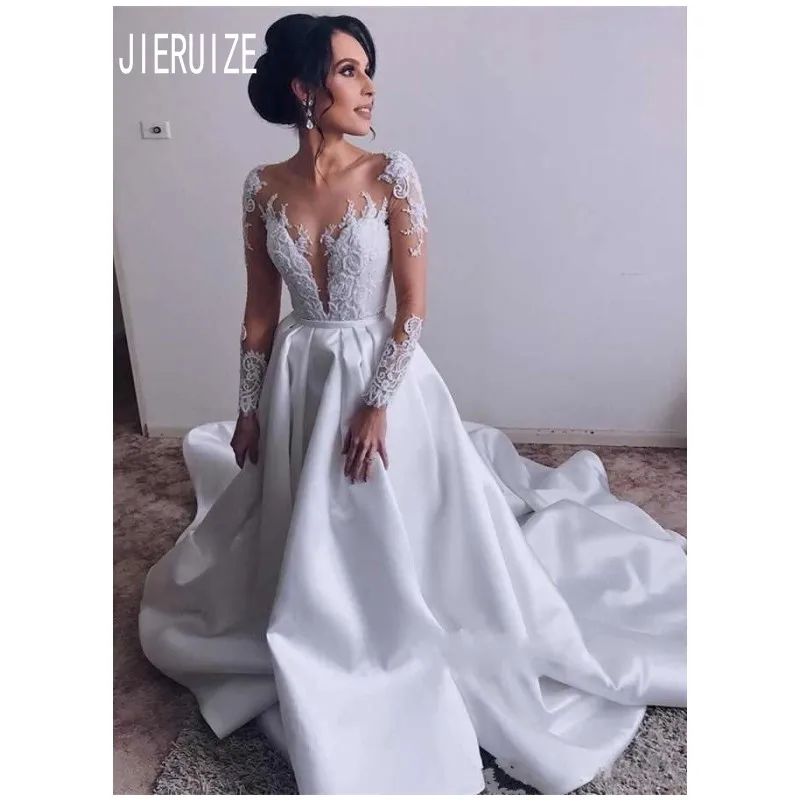 JIERUIZE сексуальное свадебное платье с иллюзией длинным рукавом овальным вырезом