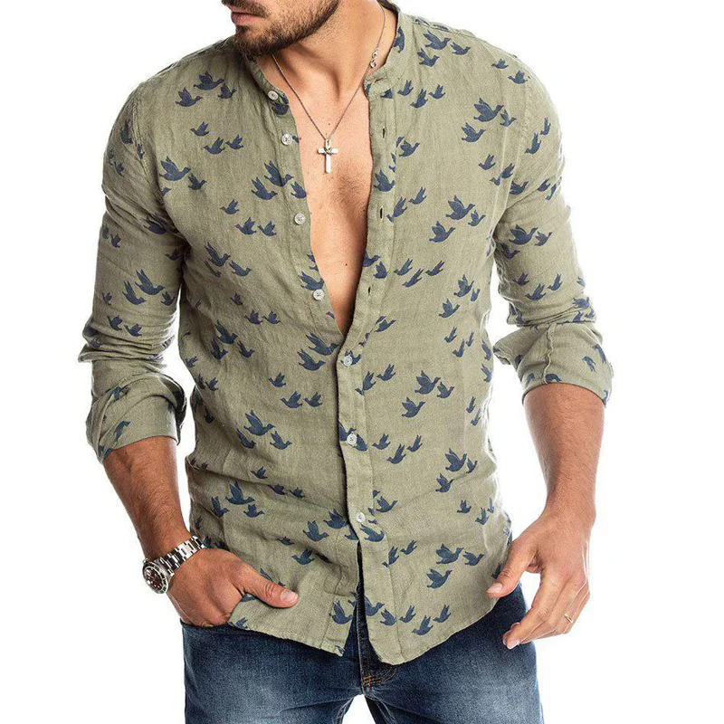 

New Arrival Mens Fashion Linen T Shirt Printed Button Cardigan Round Neck Long Sleeve Tops