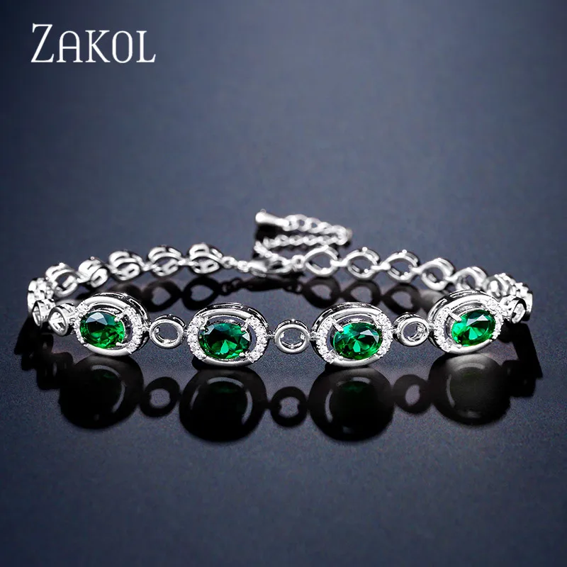 Green ZAKOL, модные, синие, зеленые, овальной формы, кубический цирконий, звенья цепи, браслеты для женщин, свадебные, вечерние, свадебные ювелирные изделия FSBP2116 - Окраска металла: Green