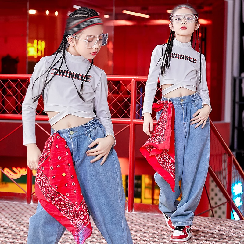 

2020 Kids Hip Hop Outfit For Girls Jazz Dance Clothing Fashion White Tops Long Sleeves Street Dance Practice Wear Stage Dress