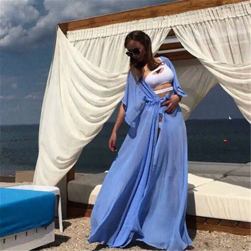 

Summer Lady Cover Up Sexy Bikini 2021 Chiffon Long Dress For Women Solid Beach Bathing Suit Beach Tunic Kaftan