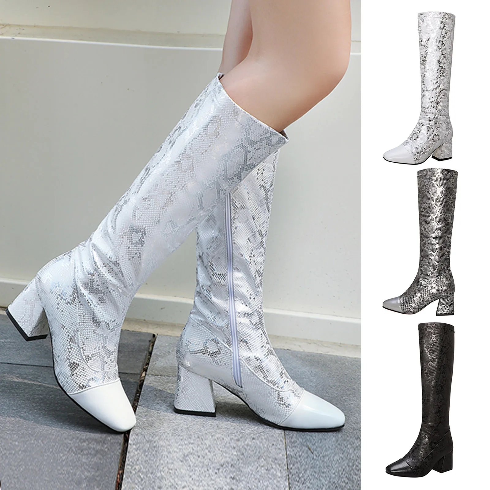 

Женские высокие сапоги с боковой молнией, Сапоги выше колена с узором под змеиную кожу, на высоком квадратном каблуке, длинные сапоги-трубы, ...