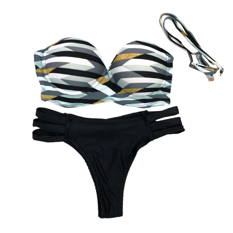 

Women Swimwear Bikini 2021 Woman Female Set 2 Pcs Swimwears Printed Detachable Sexy Bandeau Swimsuit With Shoulder Strap Beach