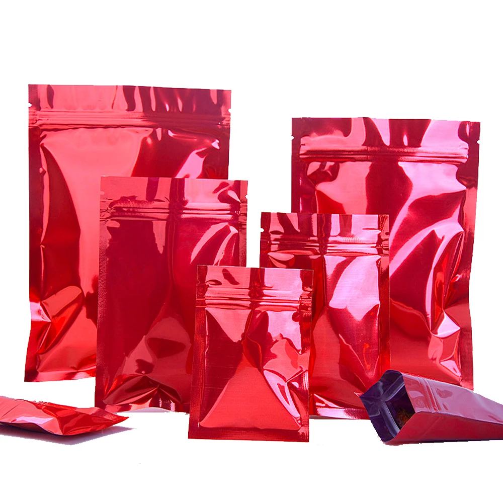 

1000Pcs Red Zip Lock Self Seal Tear Notch Reusable Food Dry Fruit Nuts Candy Snack Bean Packaging Pouches Glossy Mylar Foil Bag