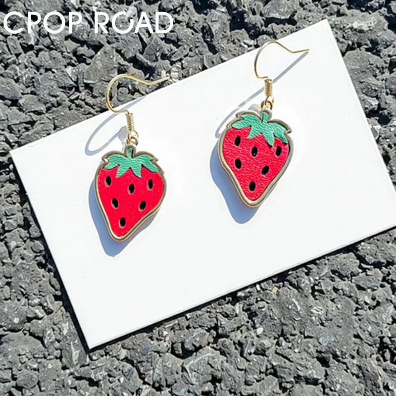 Cpop Handmade Leather Earrings for Women Gold Red Strawberry Pendant Fashion Female Jewelry Accessories Hot Sale Gift | Украшения и