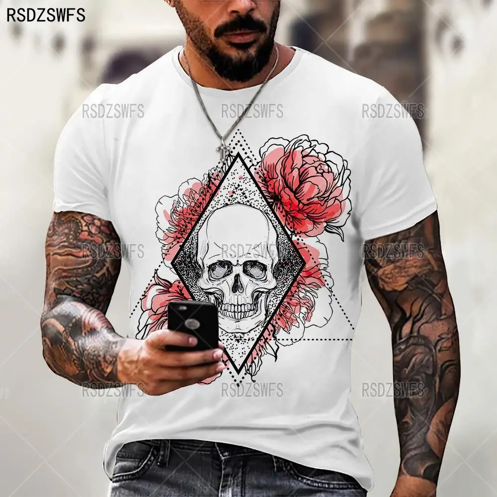 

3D Printing Rose Flower Skull Pattern Male/Female T-shirt Summer Fashion Hip-hop Street Personality Trend Loose Oversize Top 5XL