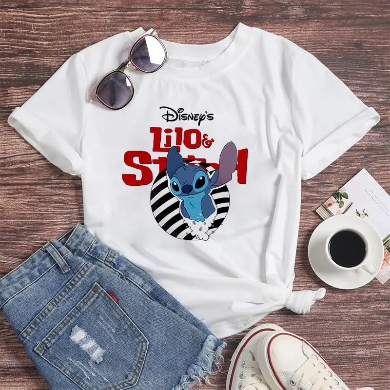 

Disney Lilo & Stitch Printing T Shirt Women Summer Short Sleeve T-shirts Casual White Ladies Tops Tee Plus Size Woman Clothing