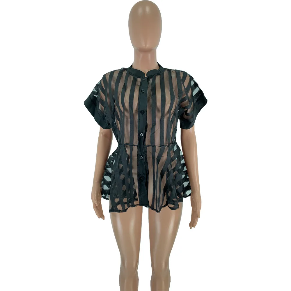 

Vrouwen Sexy Flared Tops Perspectief Gestreepte Tops Fashion Korte Mouw Blouse Met Riem