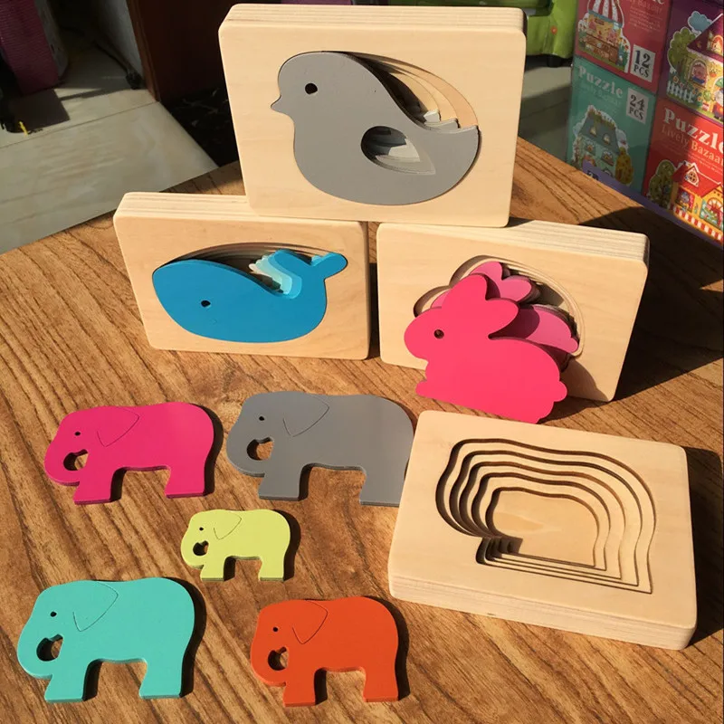 Детские деревянные игрушки для детей Мультяшные животные 3D пазлы многослойные