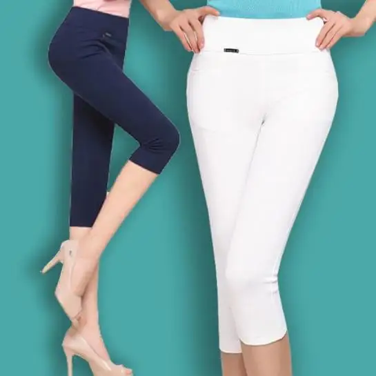 Брюки женские Супер стрейчевые эластичные Капри AE341 супер большие размеры белые