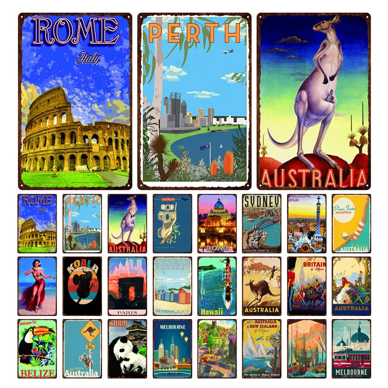 

Customizable world beautiful city animal koala kangaroo panda retro decorative metal anti-fading zebra tin painting