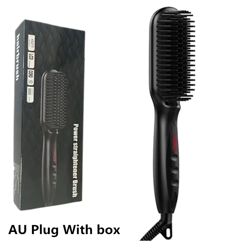 AU black with box Выпрямитель для волос, выпрямитель для бороды, плоский железный гребень для бороды, профессиональный женский выпрямитель для волос, железный гребень, инструменты для укладки - Цвет: AU black with box