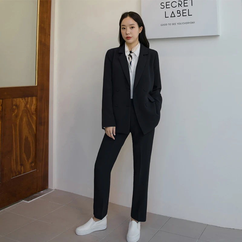 Осенний Новый корейский Тонкий костюм женский комплект из блейзера двубортный