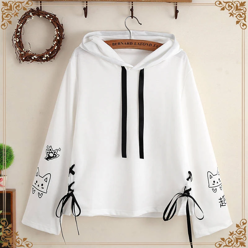 

2021 Women Hooded Sweatshirts Winter Long Sleeve Pullover Femme Cartoon Cat Print Harajuku Hoodies Kawaii Japan Hoodie Female