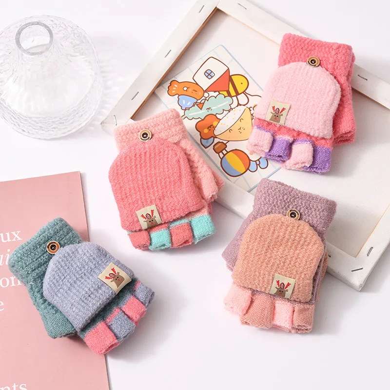 

Children's Gloves Thick and Warm Winter Boys and Girls Students Five Fingers Flip Lovely Half Finger Cover Thermal Kids Mittens
