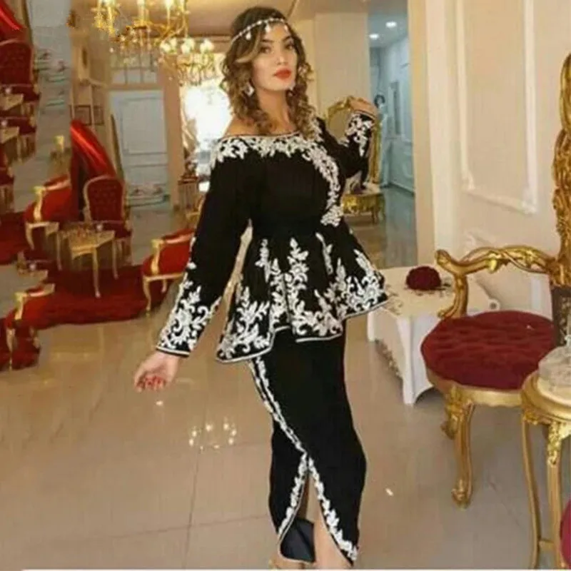 

Black Moroccan Kaftan Caftan Muslim Evening Dresses Sheath Scoop Long Sleeves Appliques Dubai Arabic Turkey Abaya Islamic Gown