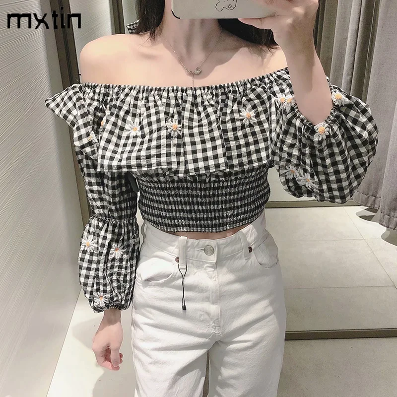 

MXTIN 2021 Women Spring Vintage Plaid Ruffles Cropped Blouses Fashion Slash Neck Long Sleeve Female Shirts Blusas Casual Tops