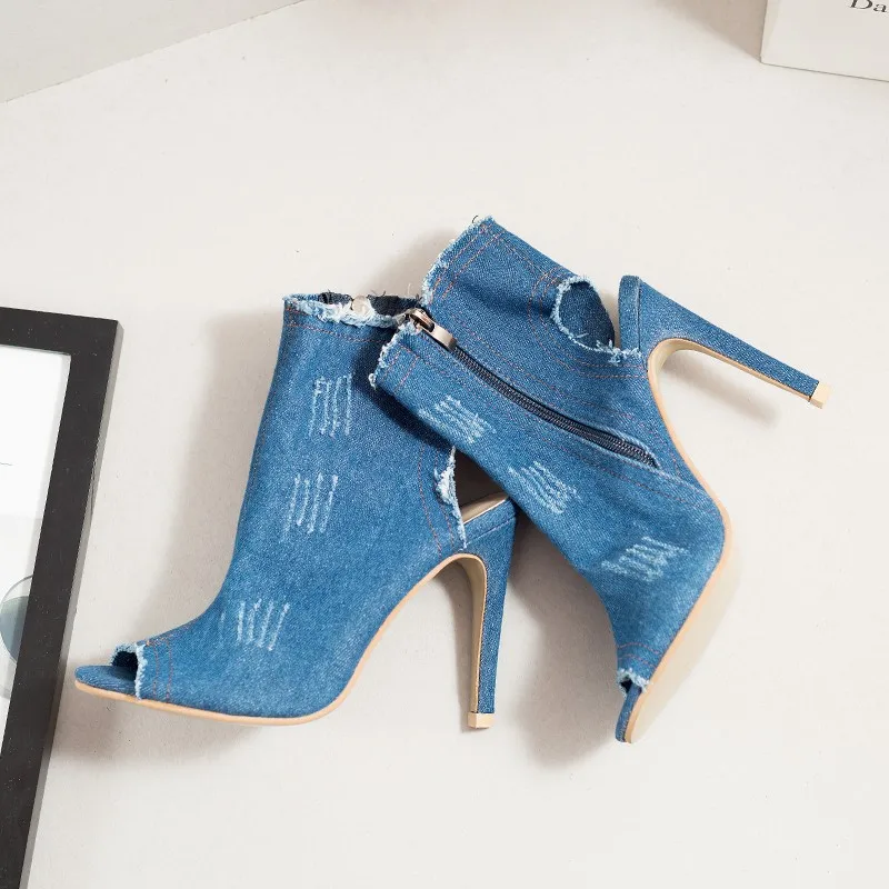 

Fish mouth denim high heel thin heel side zipper short boots large women's Boots