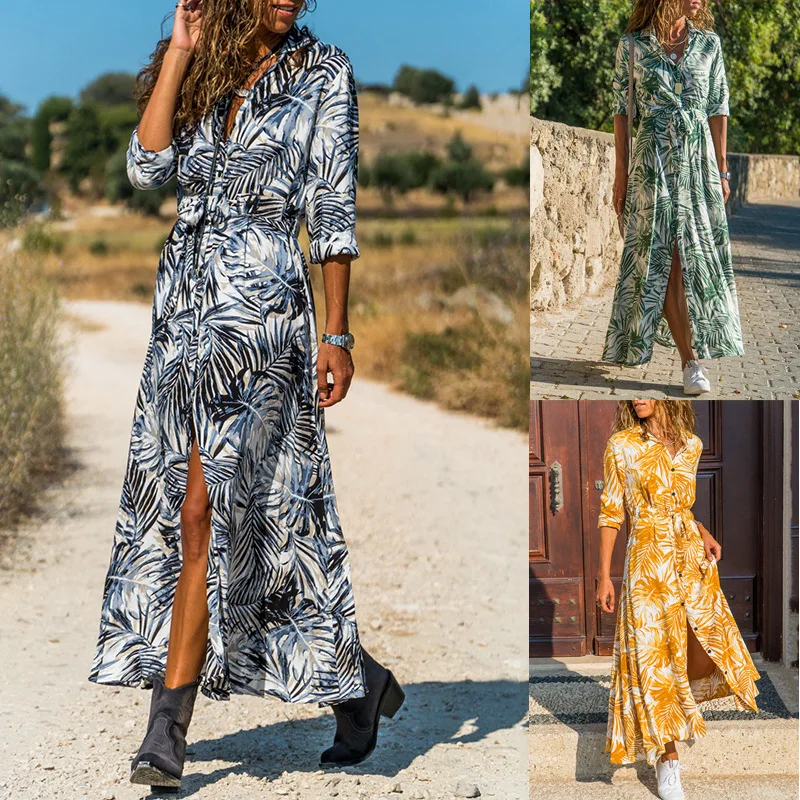 

2020 spring new ladies dress printed chiffon long sleeved belt dress fashion casual female long dress temperament women dresses