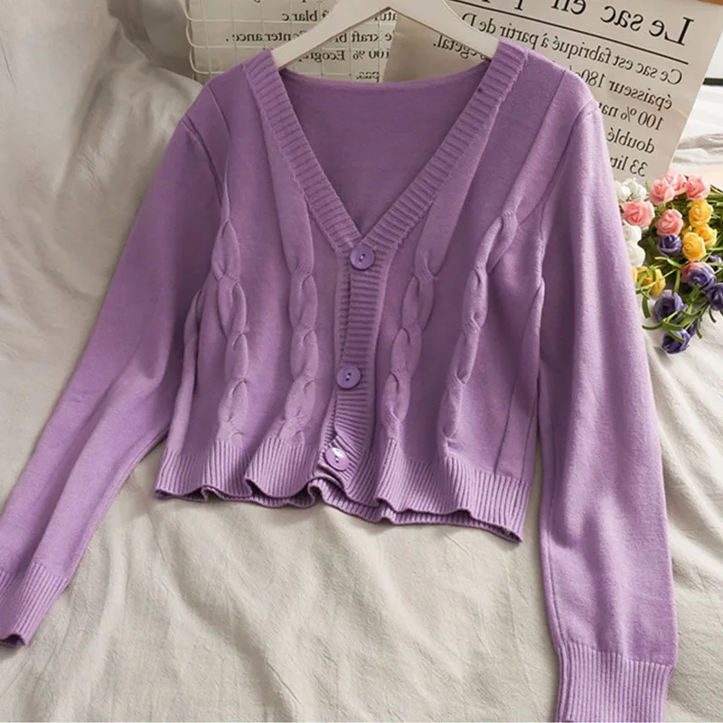 2021 Women Knitted Sweater Cardigans Ladies Korean Harajuku Long Sleeve Autumn Winter V Neck Crop Knitwear |